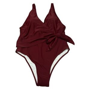 Cupshe Wine Red Deep Red One Piece Swimsuit Crossover Front Tie V Neck Size L
